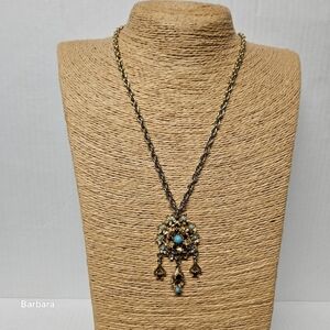 VintageRenaissance Revival Faux Ruby/ Turquoise Beads Pendant Necklace